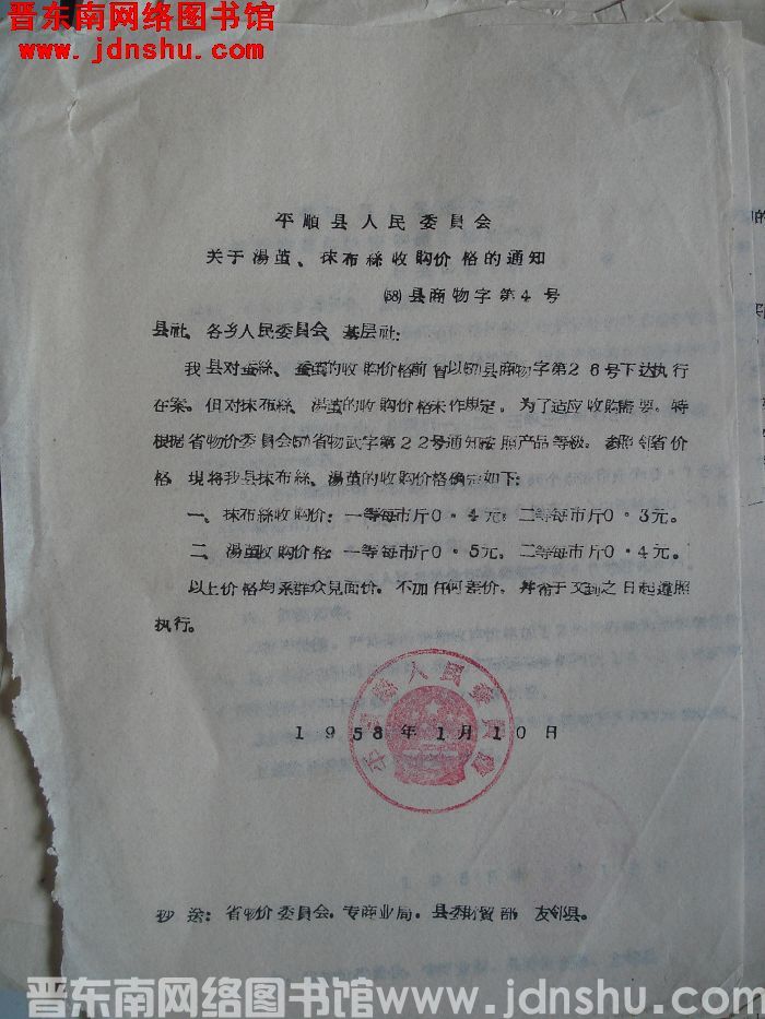 平顺县人民委员会关于汤茧、抹布丝收购价格的通知（58）县商物字第4号