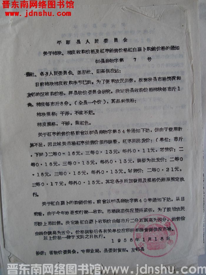 平顺县人民委员会关于柿块、柿皮收购价格及红枣销售价格红白萝卜购销价格的通知（58）县商物字第7号