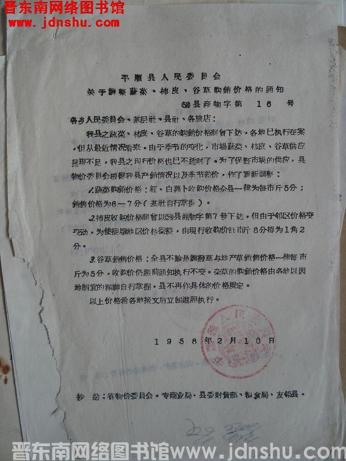平顺县人民委员会关于调整蔬菜、柿皮、谷草购销价格的通知（58）县商物字第16号