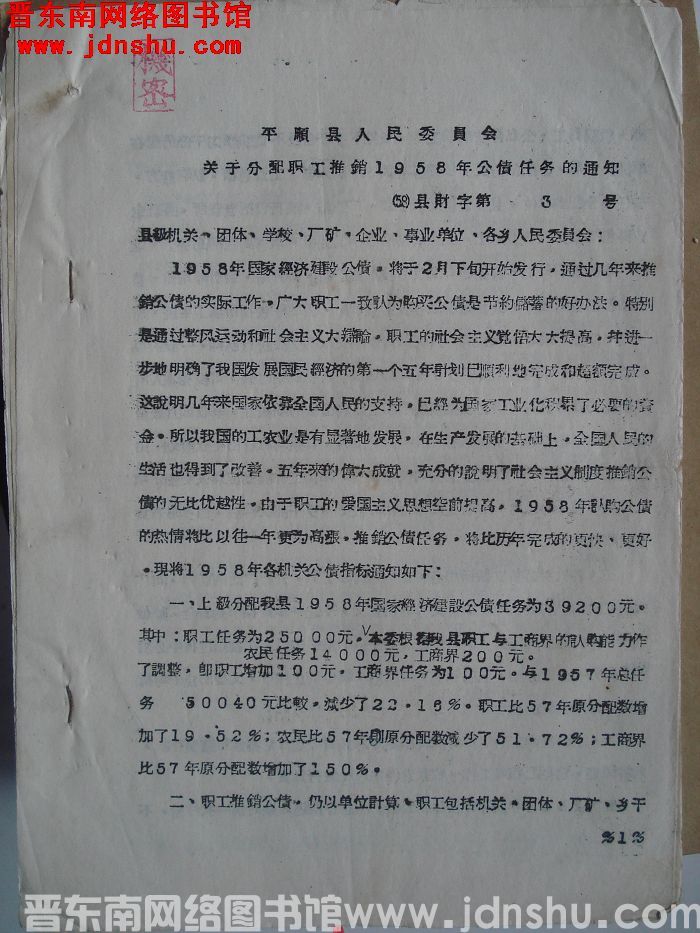 平顺县人民委员会关于分配职工推销1958年公债任务的通知（58）县财字第3号