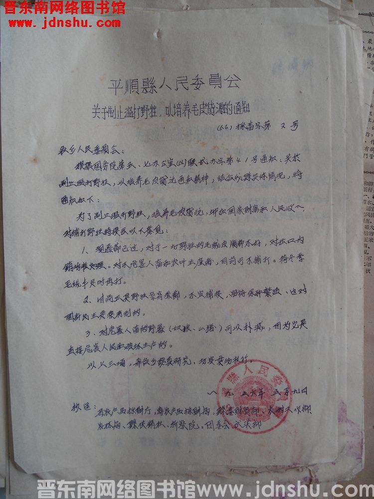 平顺县人民委员会关于制止滥打野牲，以培养毛皮货源的通知（56）采畜字第2号