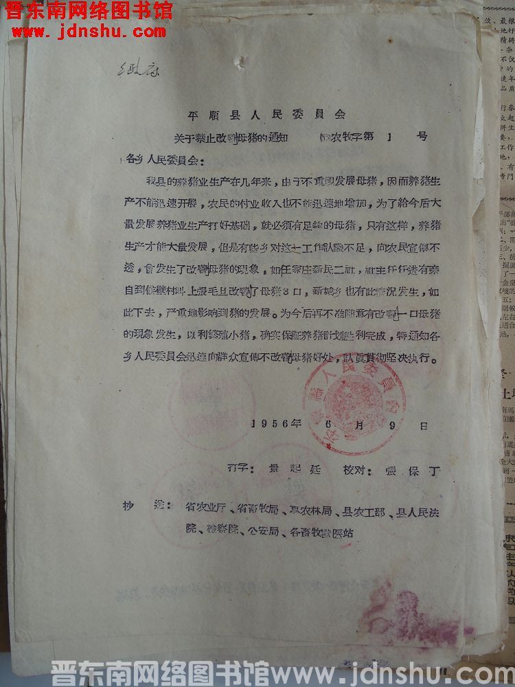 平顺县人民委员会关于禁止改骟母猪的通知（56）农牧字第1号