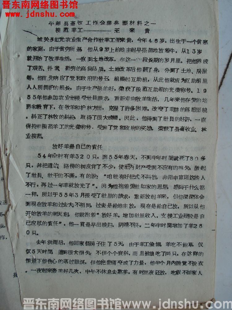 平顺县畜牧工作会议典型材料之一：模范羊工——王来贵