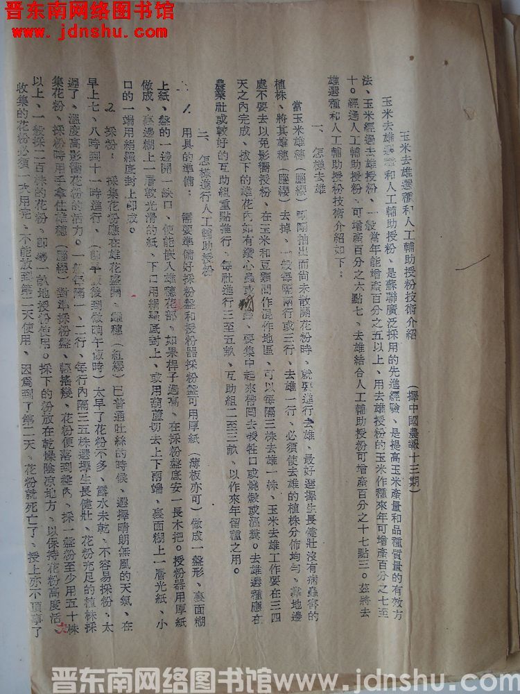 玉米去雄选种和人工辅助授粉技术介绍（19540808）