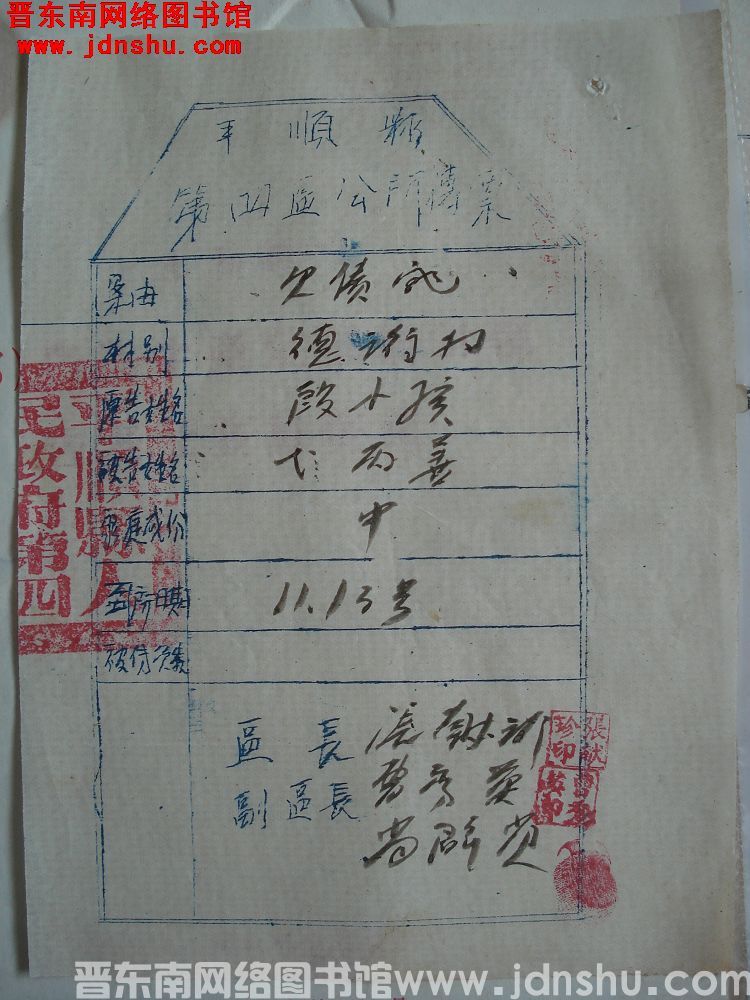 平顺县第四区公所传票（19531113）