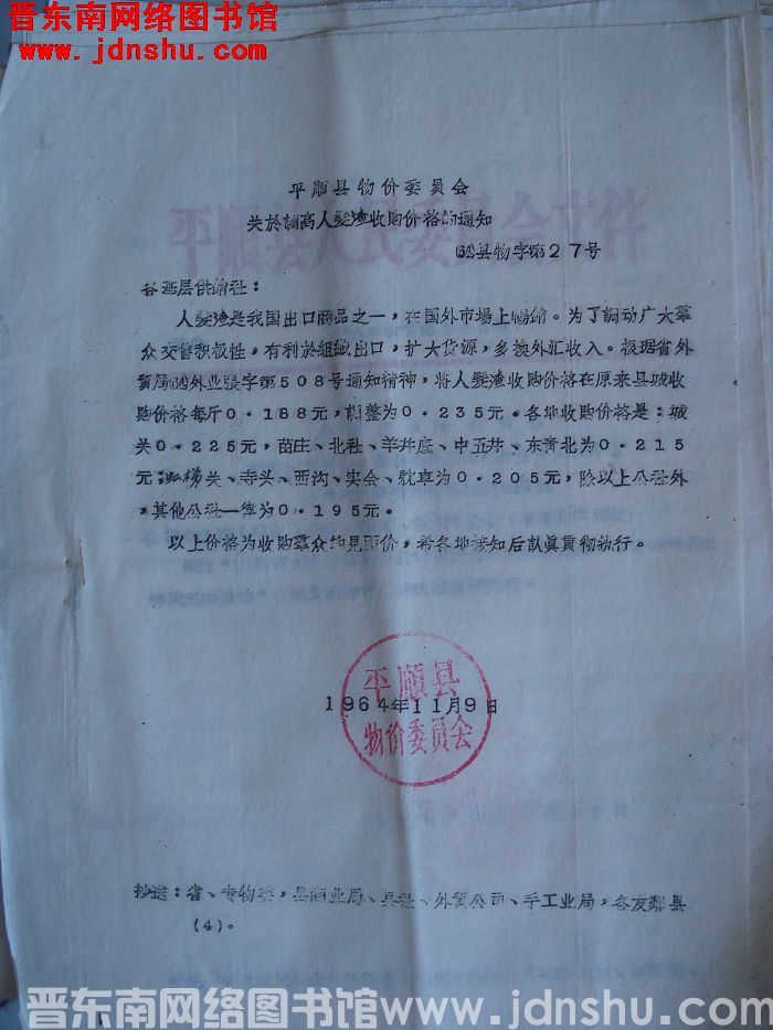 平顺县物价委员会关于调高人发渣收购价格的通知（64）县物字第27号