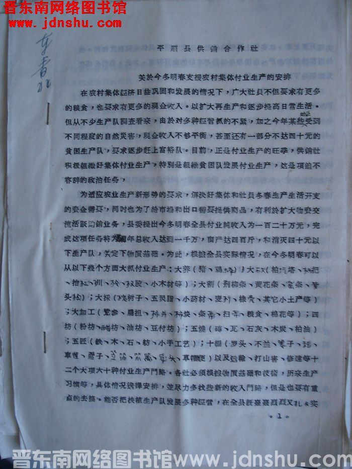 平顺县供销合作社关于今冬明春支援农村集体副业生产的安排（19641208）