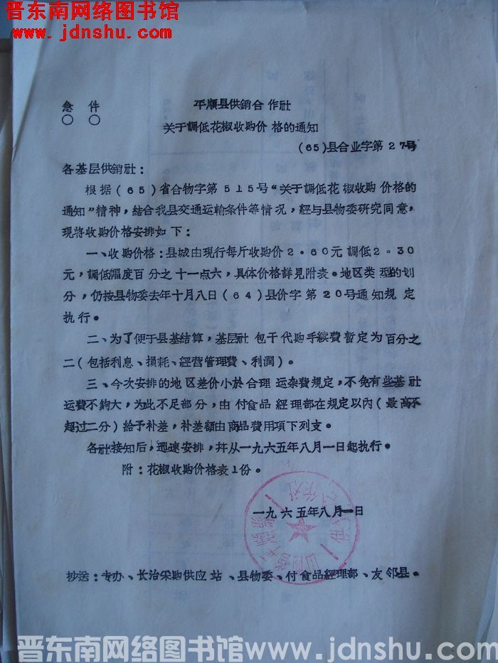 平顺县供销合作社关于调低花椒收购价格的通知（65）县合业字第27号
