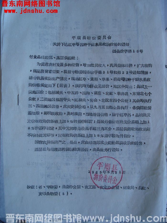 平顺县物价委员会关于下达红枣等四种干鲜水果收购价格的通知（65）县价字第18号