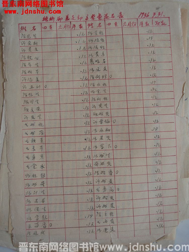 德珩乡总支部交党费花名表（19560331）