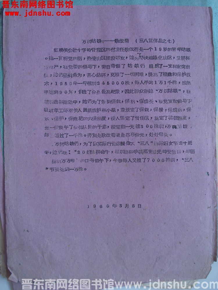 三八宣传品之七：万树姑娘——耿改菊（19600308）