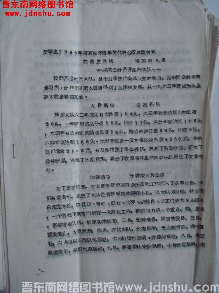 平顺县1964年度农业先进单位代表会议典型材料：牲畜发展快 增加收入多