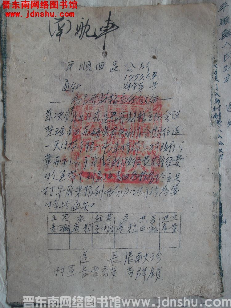 平顺第四区公所通知（19530604）财字第 号：为召开财粮主任会议由