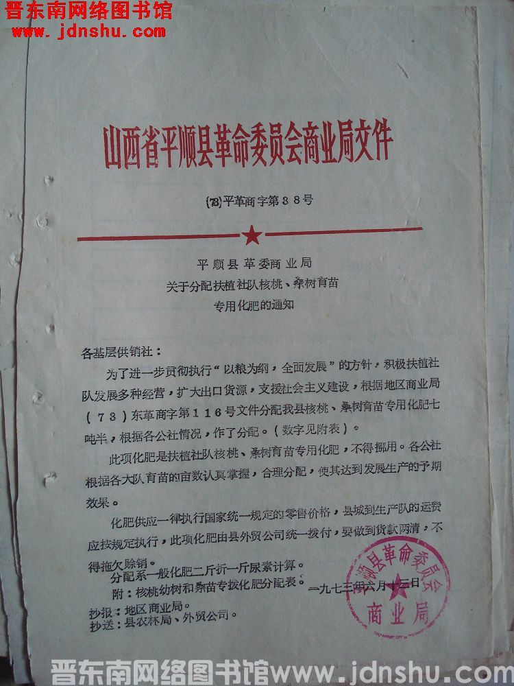 山西省平顺县革命委员会商业局文件（73）平革商字第38号：平顺县革委商业局关于分配扶植社队核桃、桑树
