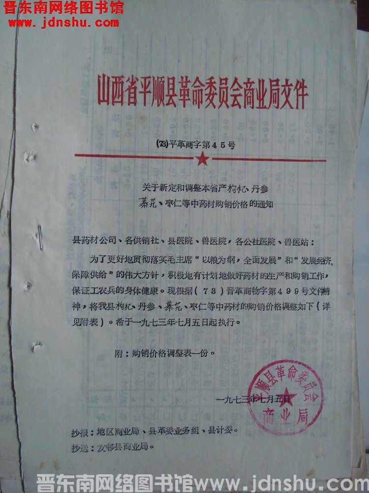 山西省平顺县革命委员会商业局文件（73）平革商字第45号：关于新定和调整本省产枸杞、丹参、蓁韭、枣仁