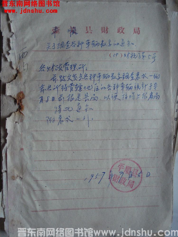 平顺县财政局关于调查各种车辆数字的通知（59）财税字第5号