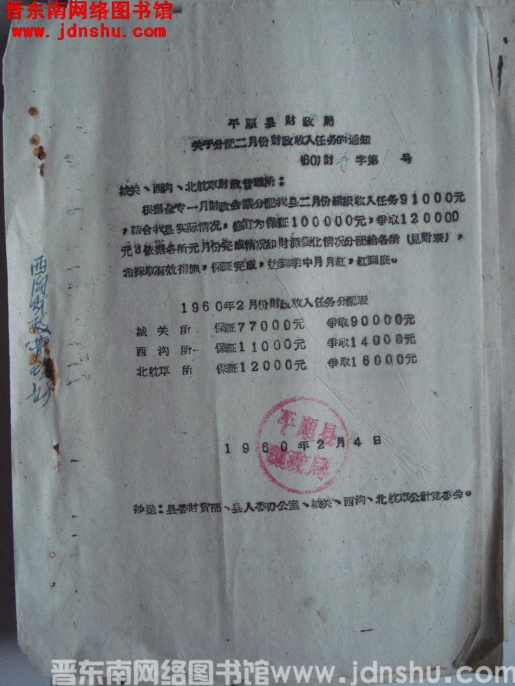 平顺县财政局关于分配二月份财政收入任务的通知（60）财预字第1号