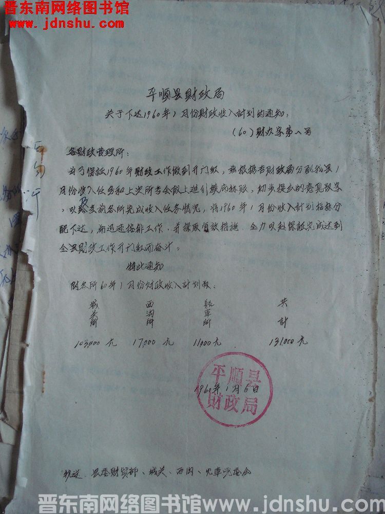 平顺县财政局关于下达1960年1月份财政收入计划的通知（60）财办字第1号
