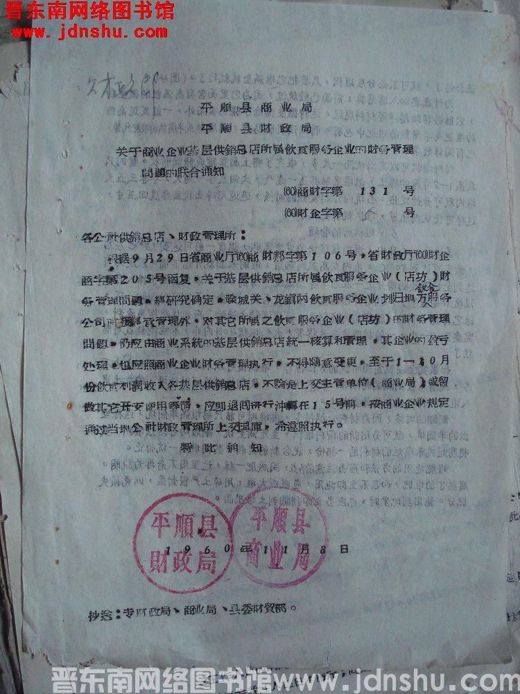平顺县商业局、平顺县财政局关于商业企业基层供销总店所属饮食服务企业的财务管理问题的联合通知（60）商