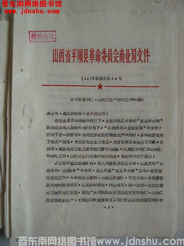 山西省平顺县革命委员会商业局文件（74）平革商字第56号：关于抓紧杏仁、山桃仁生产收购工作的通知