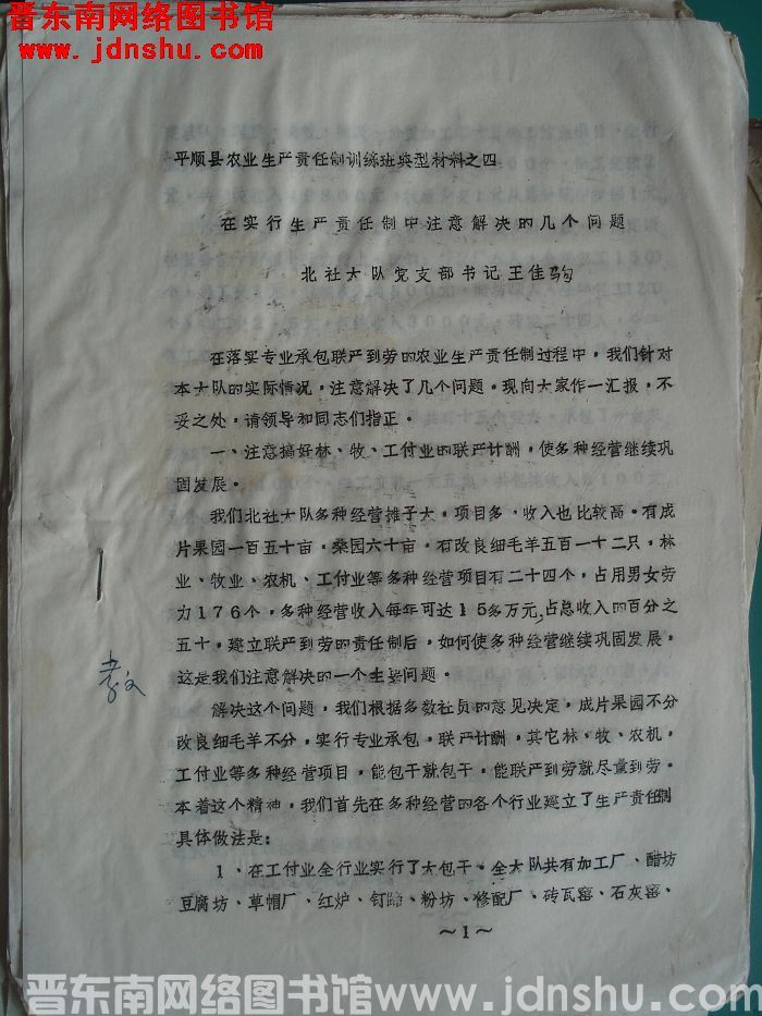 平顺县农业生产责任制训练班典型材料之四：在实行生产责任制中注意解决的几个问题