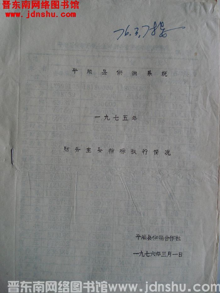 平顺县供销系统一九七五年财务主要指标执行情况