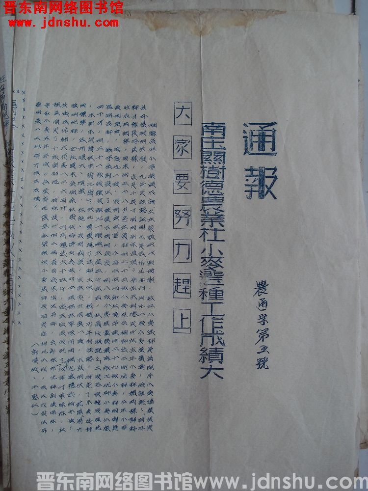 平顺县人民政府生产办公室通报（19540704）农通字第5号：南庄关树德农业社小麦选种工作成绩大