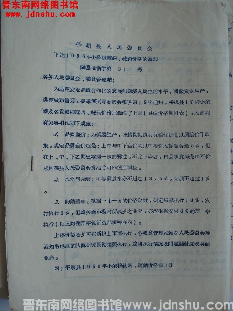 平顺县人民委员会下达1956年小杂粮统购、统销价格的通知（56）县商情字第21号