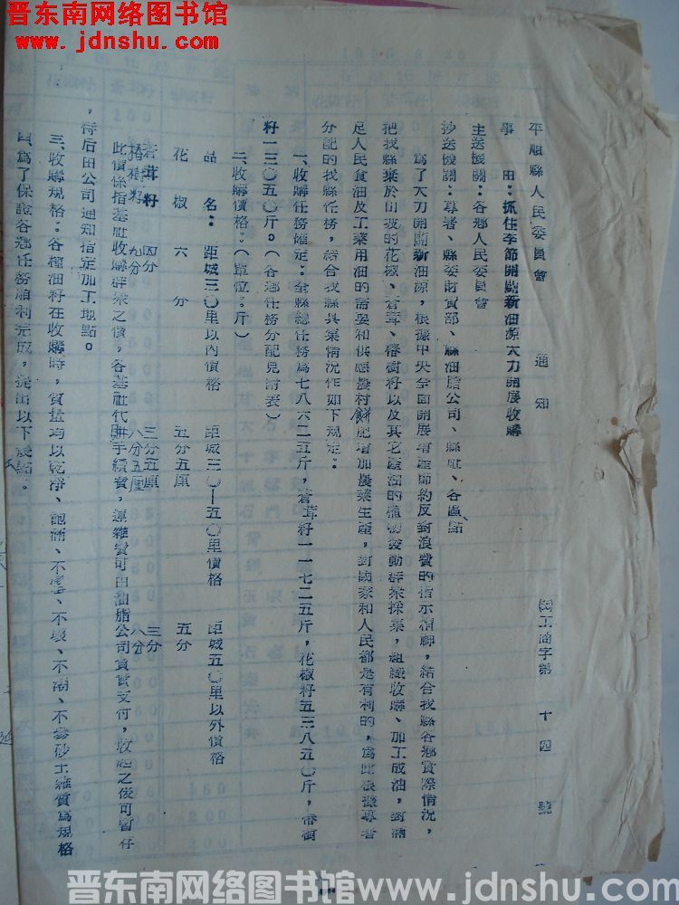 平顺县人民委员会通知（55）工商字第14号：抓住季节开辟新油源大力开展收购