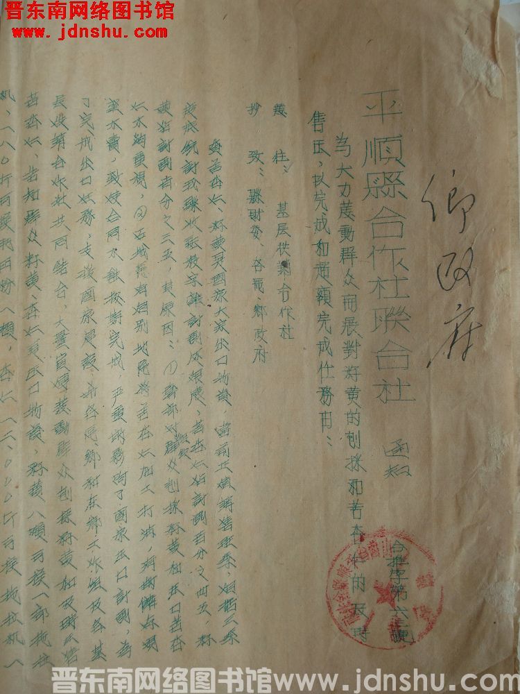 平顺县合作社联合社通知（19541010）合推字第63号：为大力发动群众开展对籽黄的刨采和苦杏仁的及