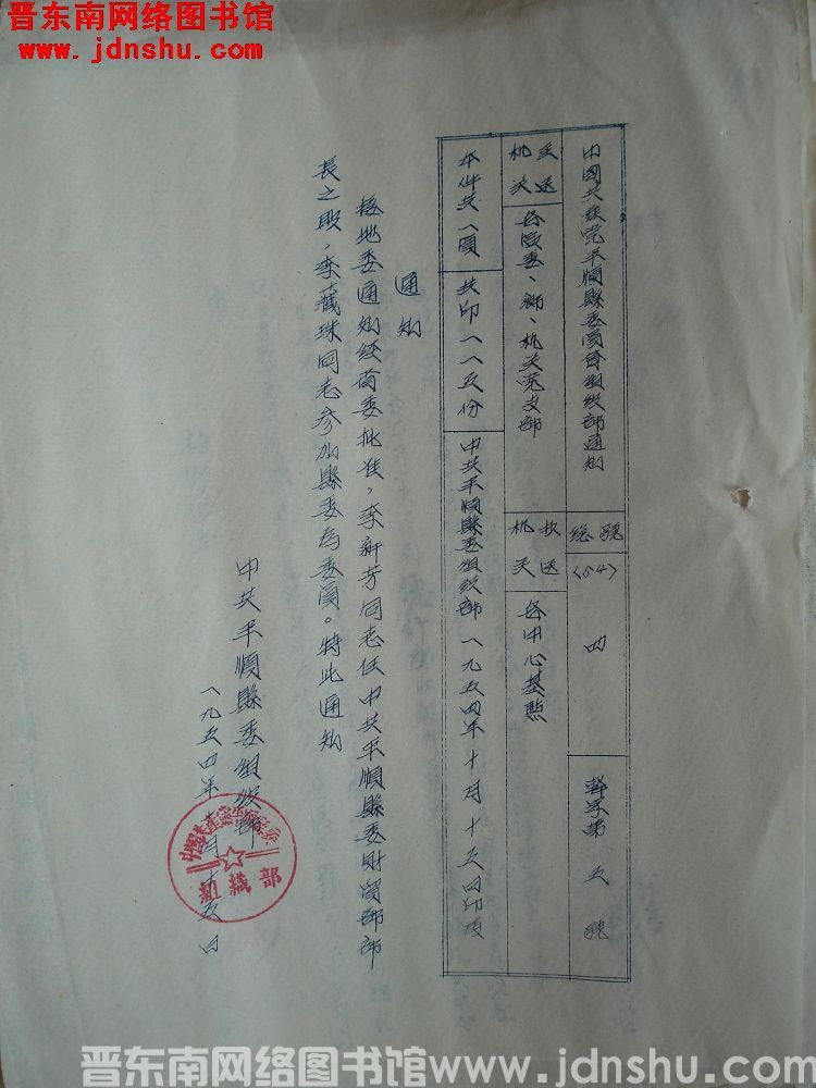 中国共产党平顺县委员会组织部通知 总号（54）4 干字第5号