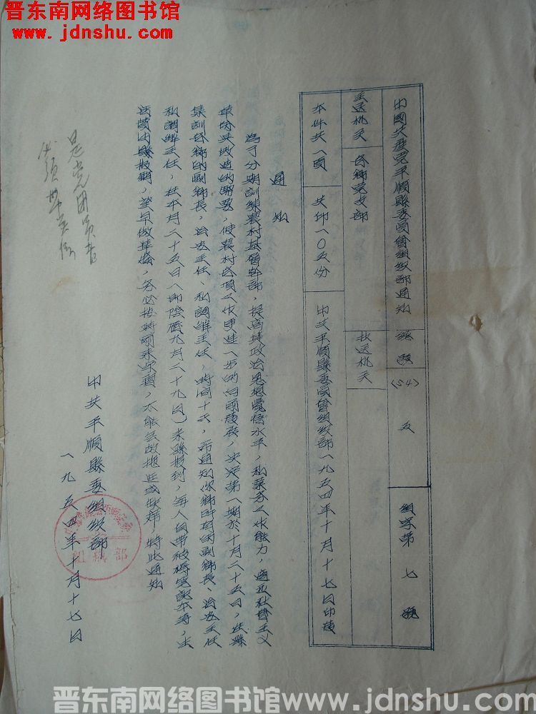 中国共产党平顺县委员会组织部通知 总号（54）5 组字第7号