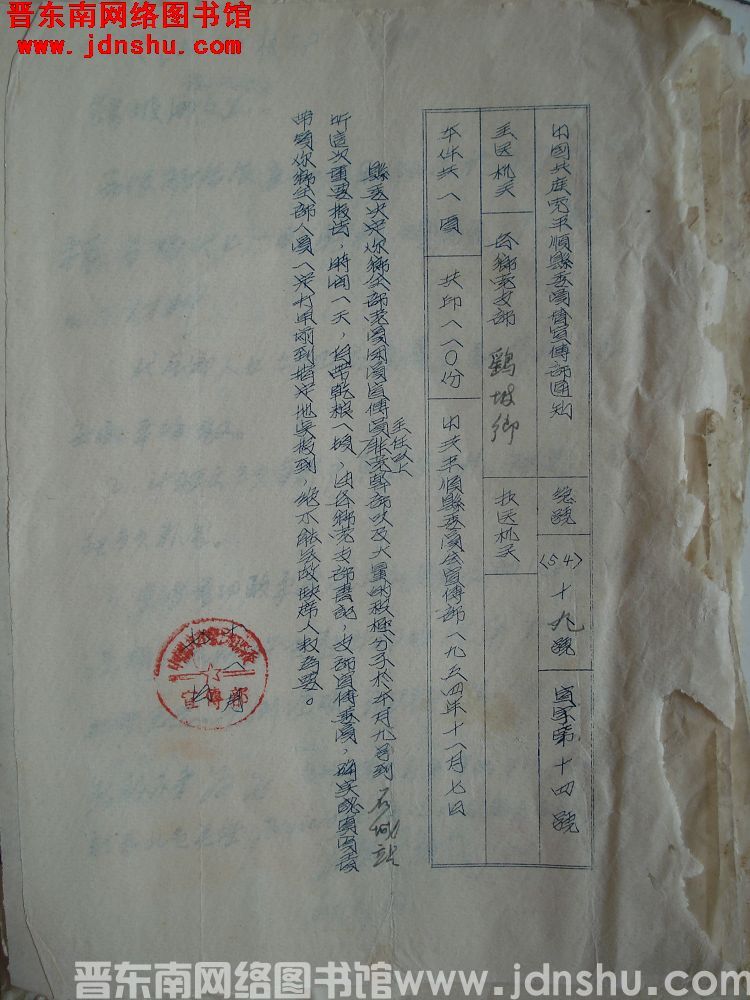 中国共产党平顺县委员会宣传部通知 总号（54）19号 宣字第14号