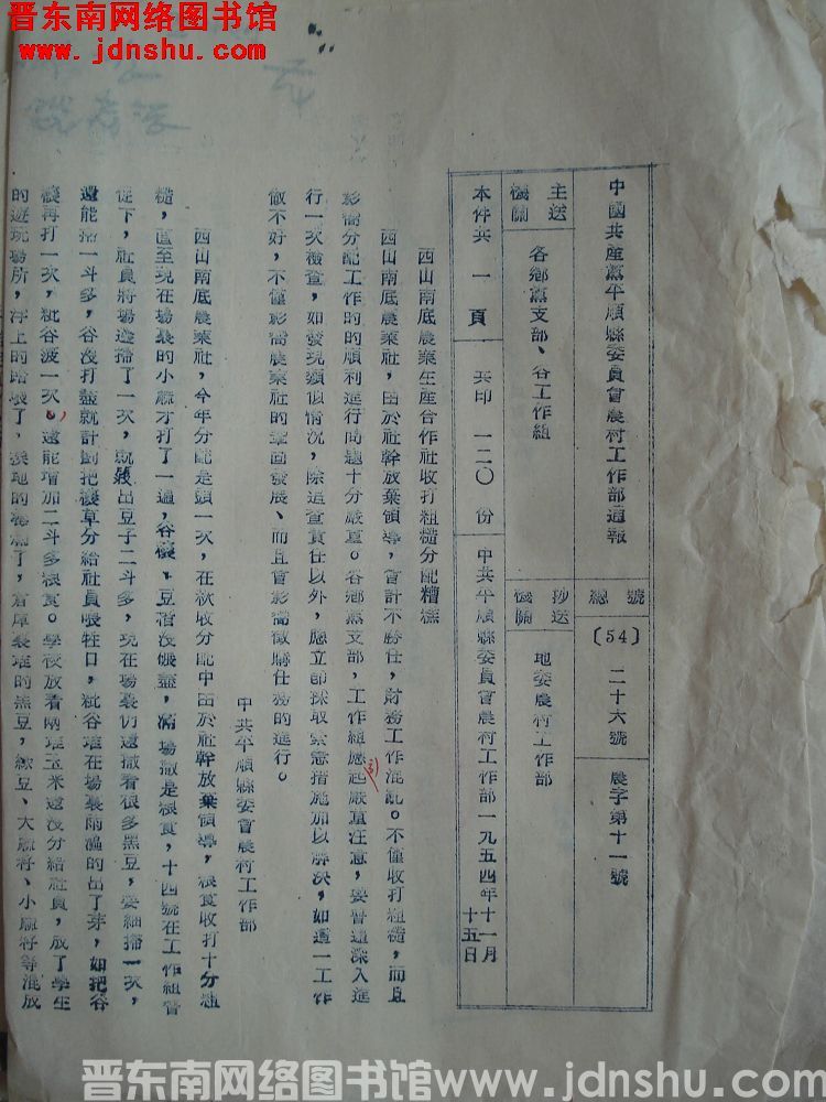 中国共产党平顺县委员会农村工作部通报 总号（54）26号 农字第11号：西山南底农业生产合作社收打粗