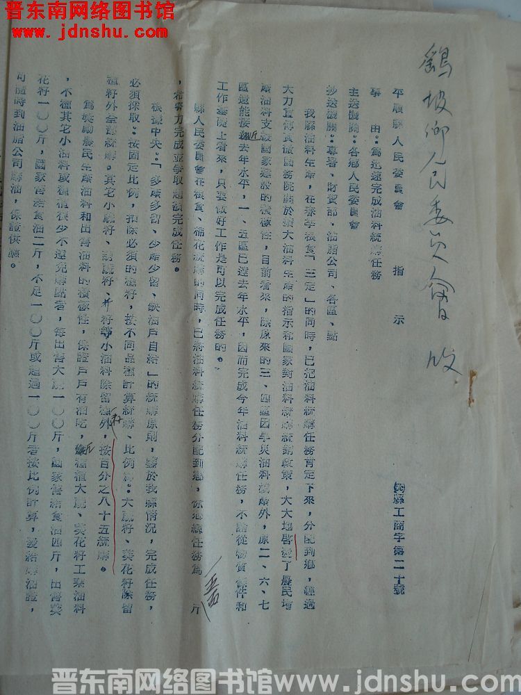 平顺县人民委员会指示（55）县工商字第20号：为迅速完成油料统购任务