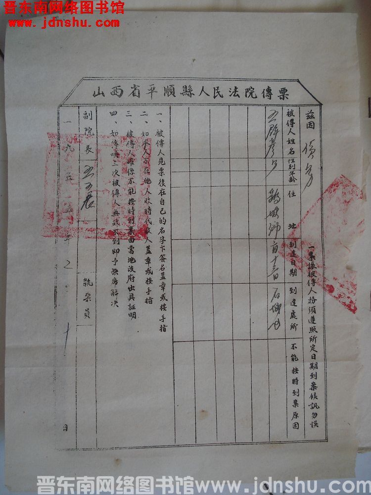 山西省平顺县人民法院传票（19550210）