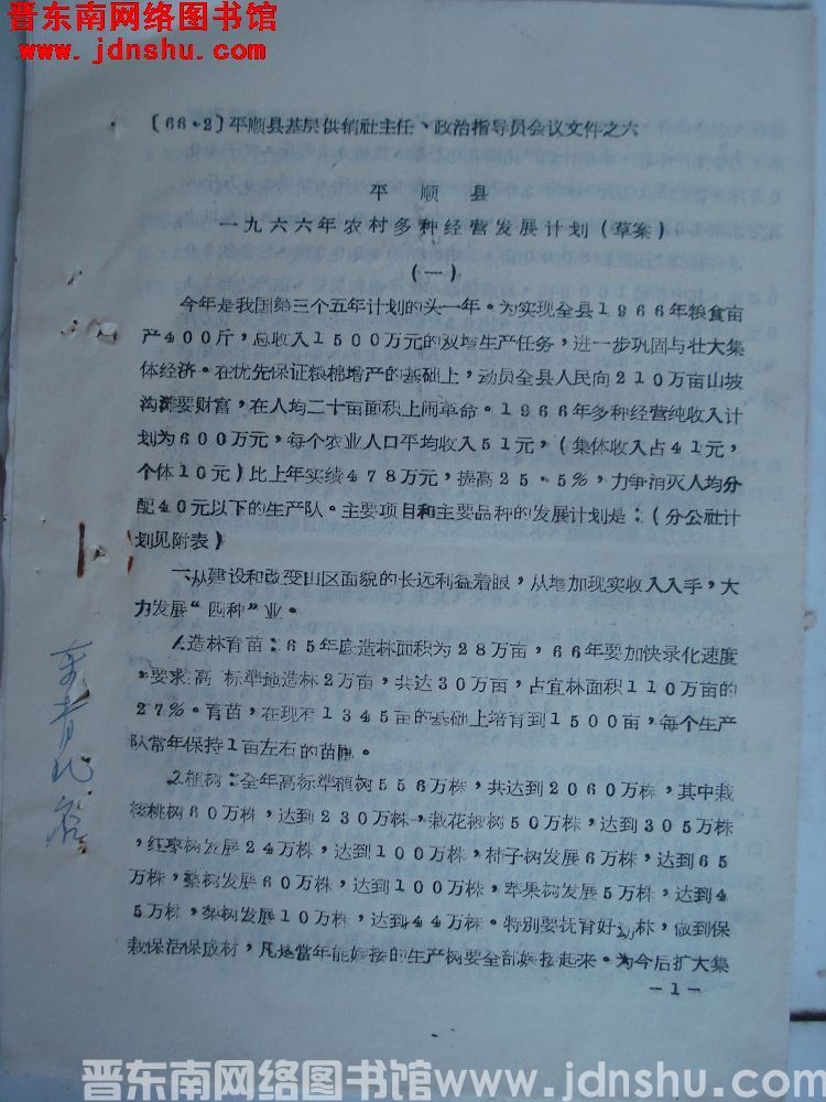 平顺县基层供销社主任、政治指导员会议文件之六：平顺县一九六六年农村多种经营发展计划（草案）
