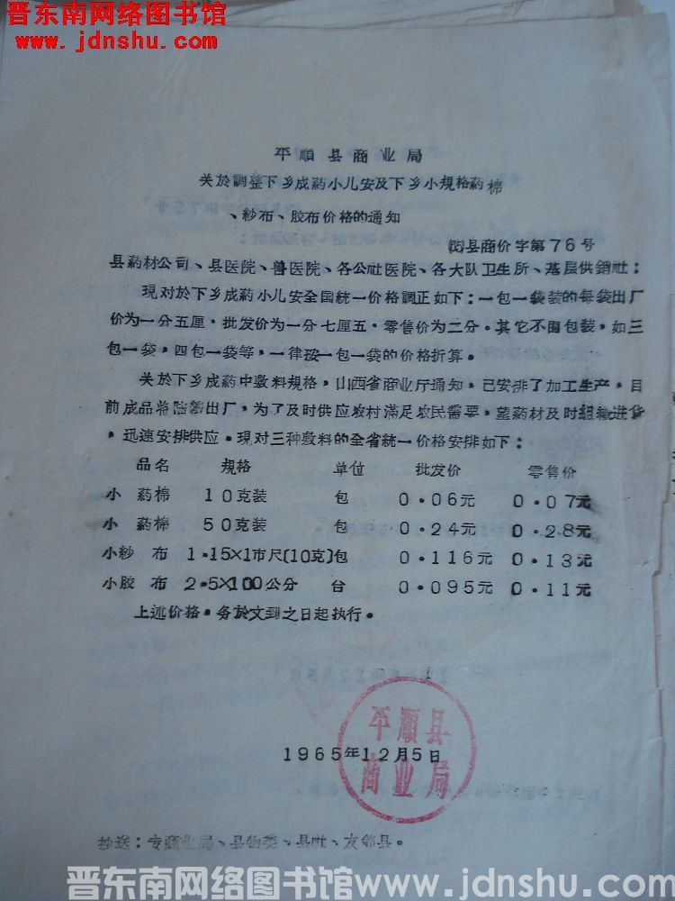 平顺县商业局关于调整下乡成药小儿安及下乡小规格药棉、纱布、胶布价格的通知 （65）县商价字第76号