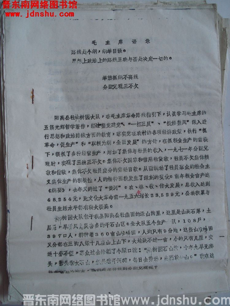 举旗抓纲不离线，分配兑现三不欠（榔树园 19720810）