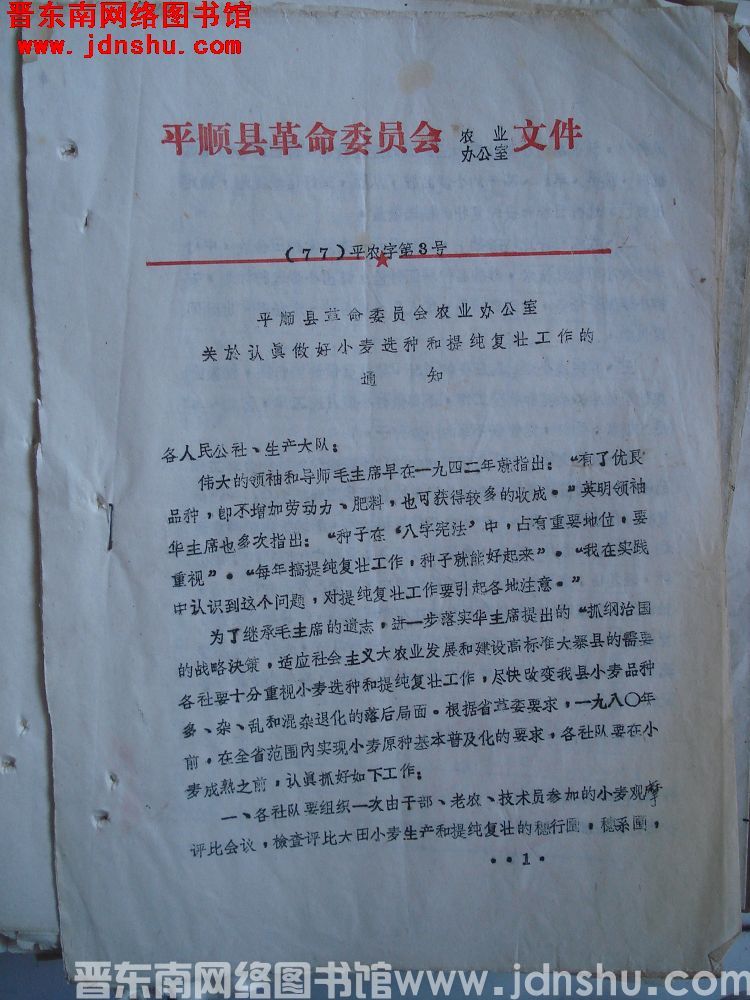 平顺县革命委员会农业办公室文件（77）平农字第3号：平顺县革命委员会农业办公室关于认真做好小麦选种和