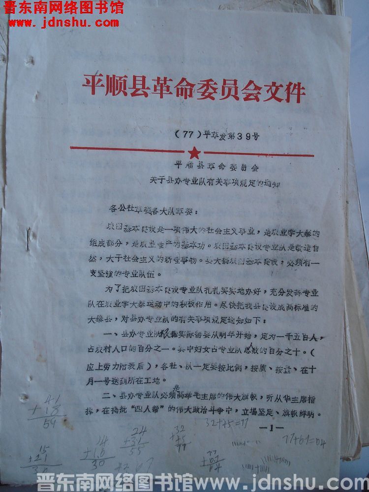 平顺县革命委员会文件（77）平革发第39号：平顺县革命委员会关于县办专业队有关事项规定的通知