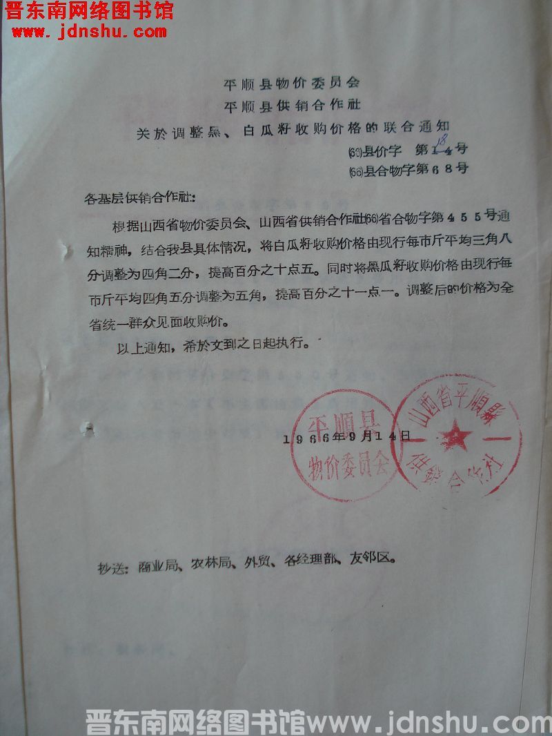 平顺县物价委员会、平顺县供销合作社关于调整黑、白瓜籽收购价格的联合通知（66）县价字第18号、（66