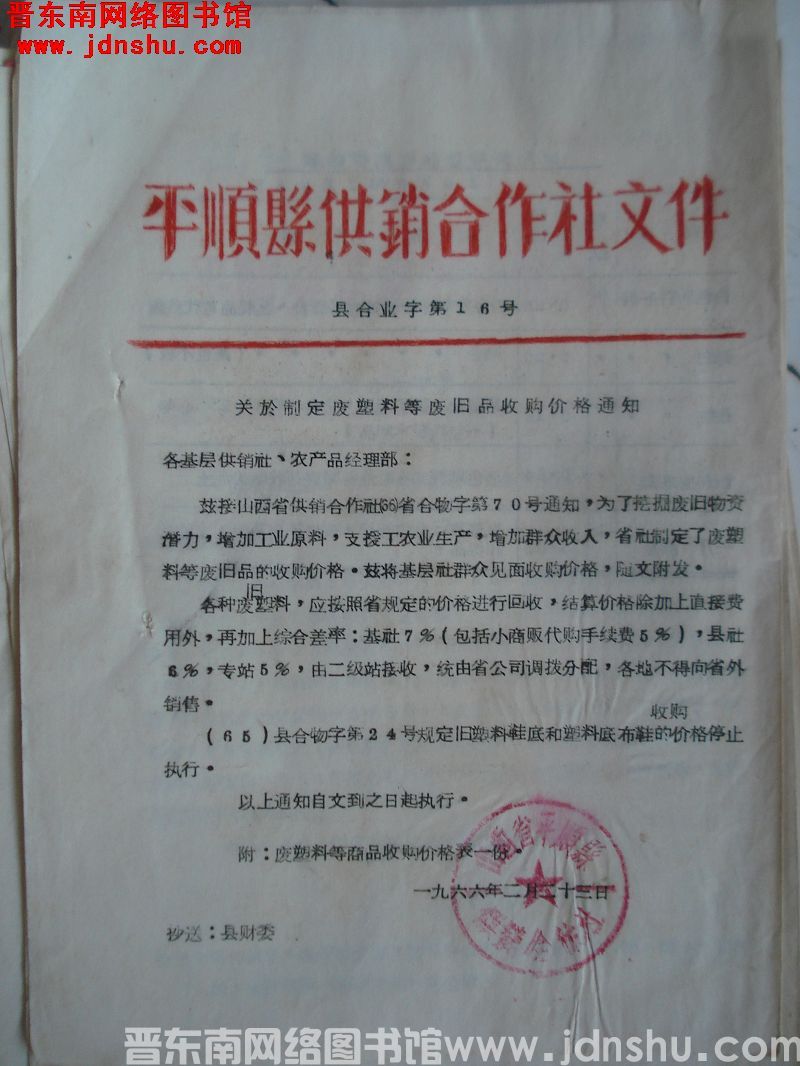 平顺县供销合作社文件（19660223）县合业字第16号：关于制定废塑料等废旧品收购价格通知
