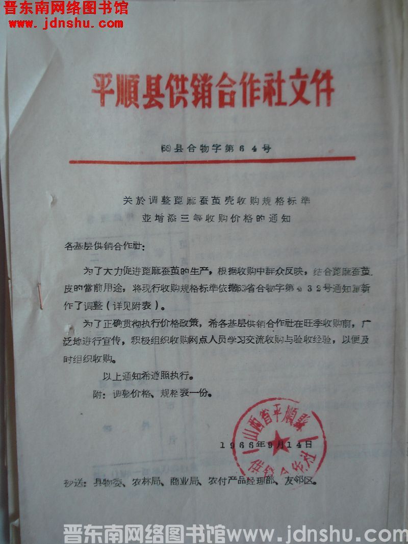 平顺县供销合作社文件（66）县合物字第64号：关于调整蓖麻蚕茧壳收购规格标准并增添三等收购价格的通知