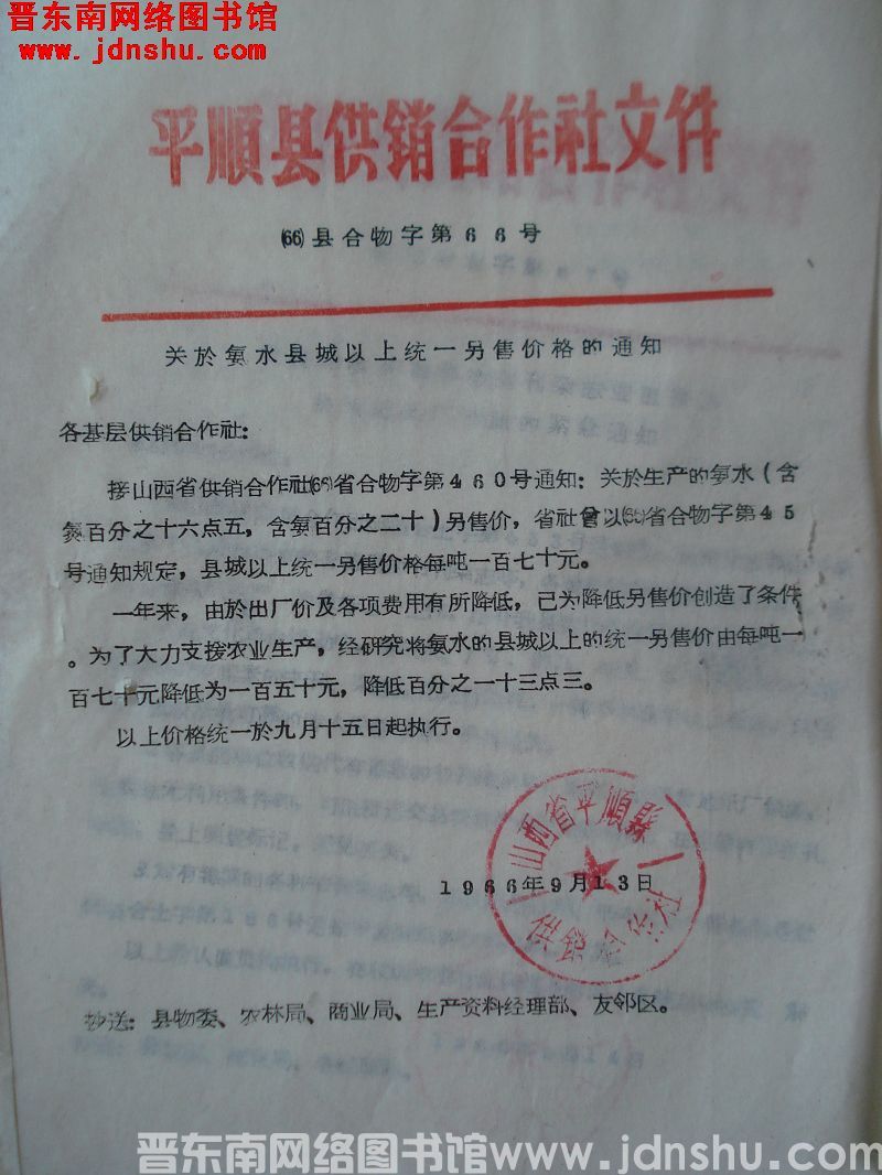 平顺县供销合作社文件（66）县合物字第66号：关于氨水县城以上统一零售价格的通知