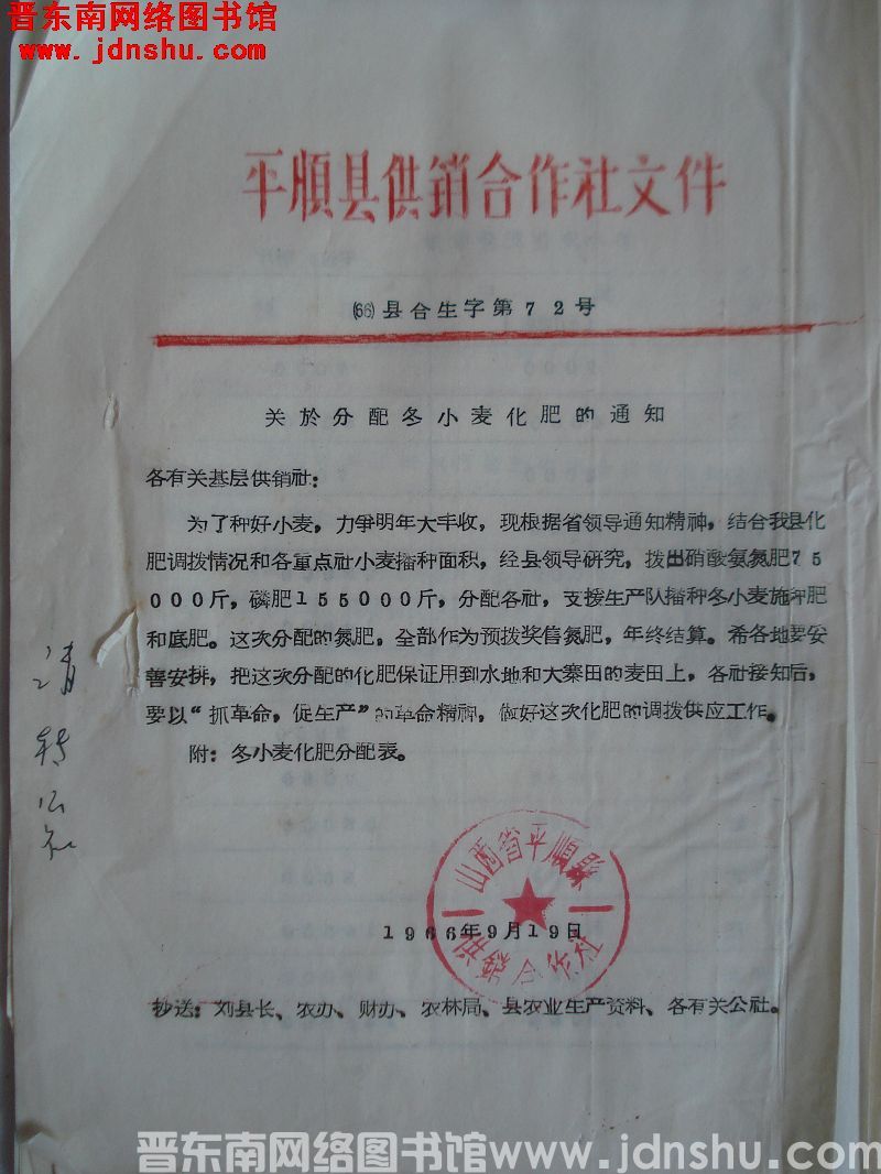 平顺县供销合作社文件（66）县合生字第72号：关于分配冬小麦化肥的通知