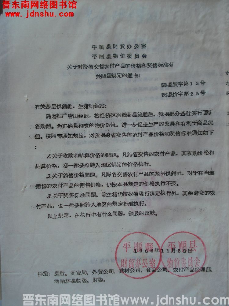 平顺县财贸办公室、平顺县物价委员会关于对跨省交售农副产品的价格和奖售标准有关问题规定的通知（66）县