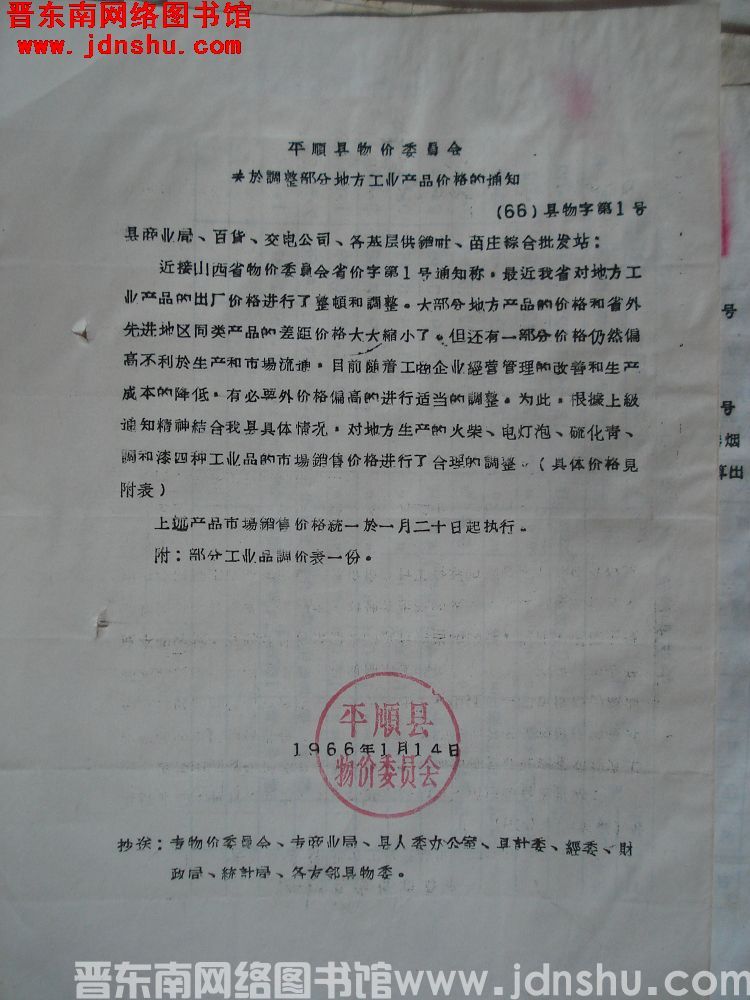 平顺县物价委员会关于调整部分地方工业产品价格的通知（66）县物字第1号