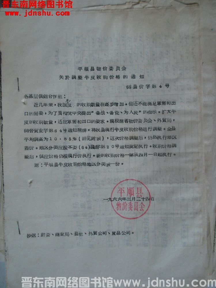 平顺县物价委员会关于调整牛皮收购价格的通知（66）县价字第4号