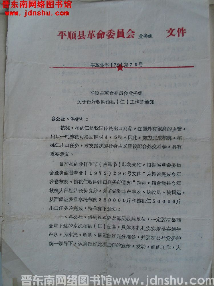 平顺县革命委员会业务组文件 平革业字（72）第70号：平顺县革命委员会业务组关于做好收购核桃（仁）工